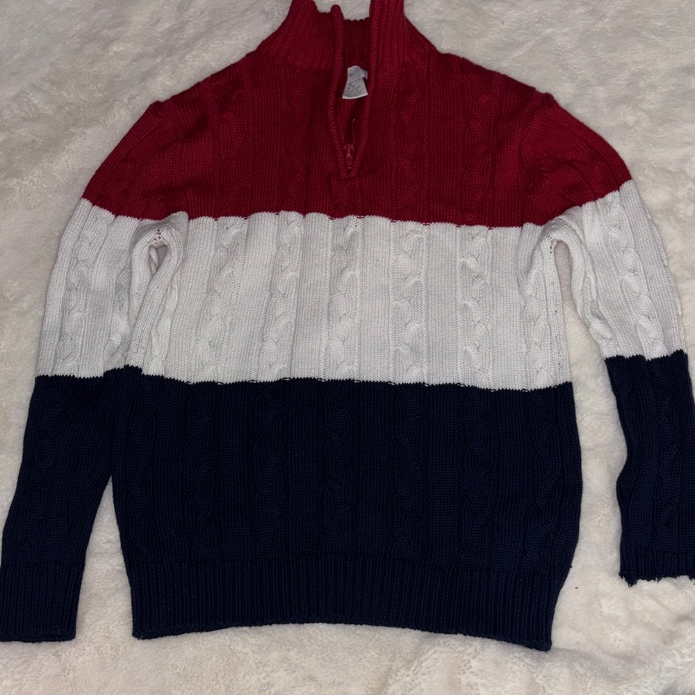Kids Tricolor Cable-Knit Quarter-Zip Sweater - Red/White/Navy